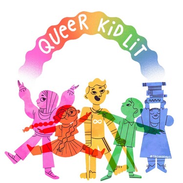 Illustration of overlapping children who are different colors of the rainbow. Different genders. One has a hijab. One glasses. One has crutches and an infinity symbol on their shirt. One is holding a stack of books high. Over them is a rainbow and it says, “Queer Kidlit” signed @tbeardraws (Taylor Barron)